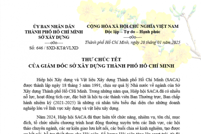 THƯ CHÚC TẾT CỦA GIÁM ĐỐC SỞ XÂY DỰNG THÀNH PHỐ HỒ CHÍ MINH GỬI HIỆP HỘI SACA TẾT NGUYÊN ĐÁN ẤT TỴ 2025