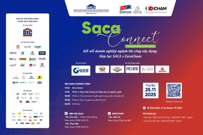 NGÀY 25.11: HIỆP HỘI SACA SẼ TỔ CHỨC CHƯƠNG TRÌNH SACA CONNECT CHỦ ĐỀ KẾT NỐI DOANH NGHIỆP NGÀNH THI CÔNG XÂY DỰNG – HỢP LỰC SACA & EUROCHAM